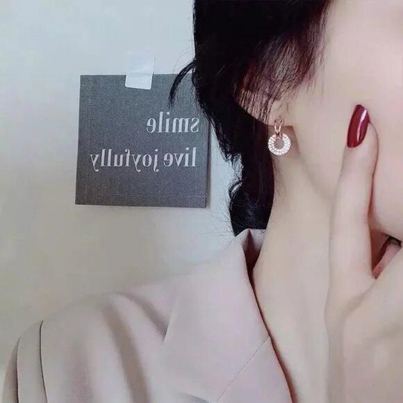 “Trinity” Diamond Hoop Elegant Gold Circle Engagement/Wedding/Gift Earrings - Picture 9 of 10